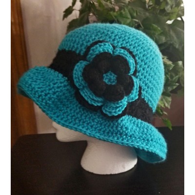 WOMAN'S HANDCROCHETED SUN HAT WITH FLOWERTEAL & BLACKNEW  eb-17648154